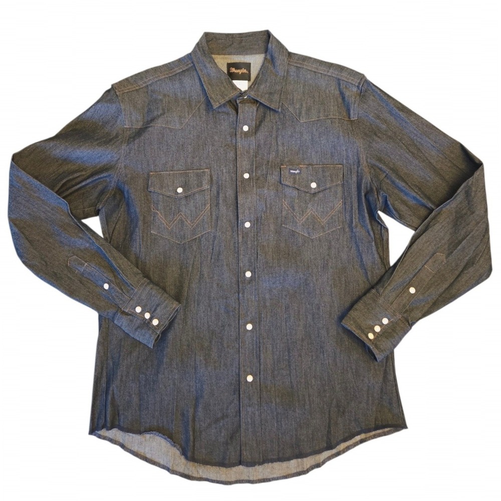 Wrangler Mens XL Dark Wash Denim Western Pearl Snap Shirt MSM001D Long Sleeve